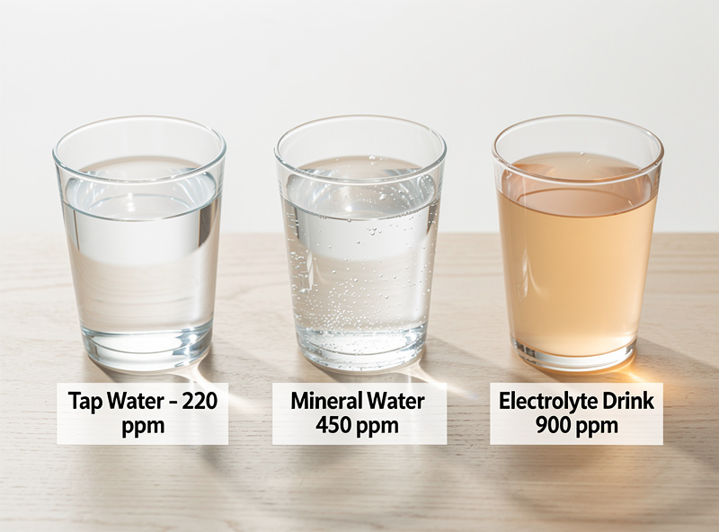 Three glasses of different water types tap mineral and electrolyte drink on a wooden surface for hydration comparison