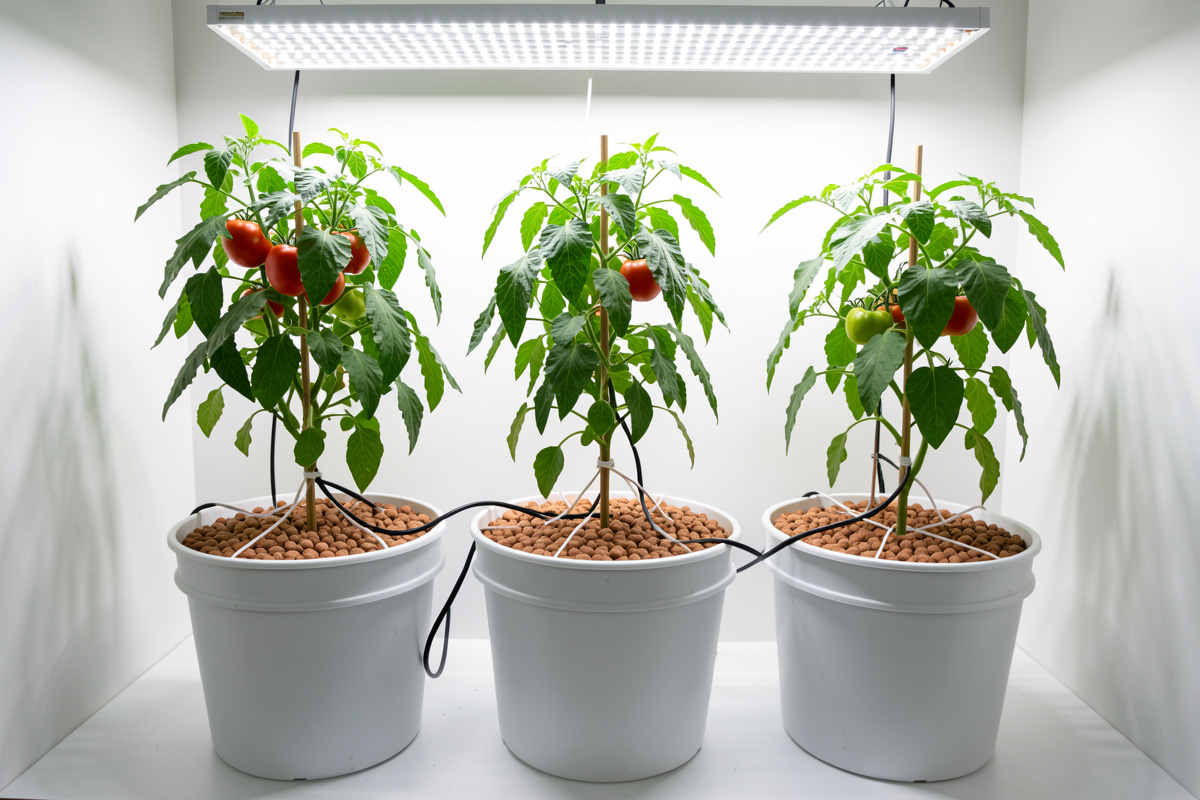 A five-gallon bucket hydroponic garden growing staked tomato and pepper plants under LED light