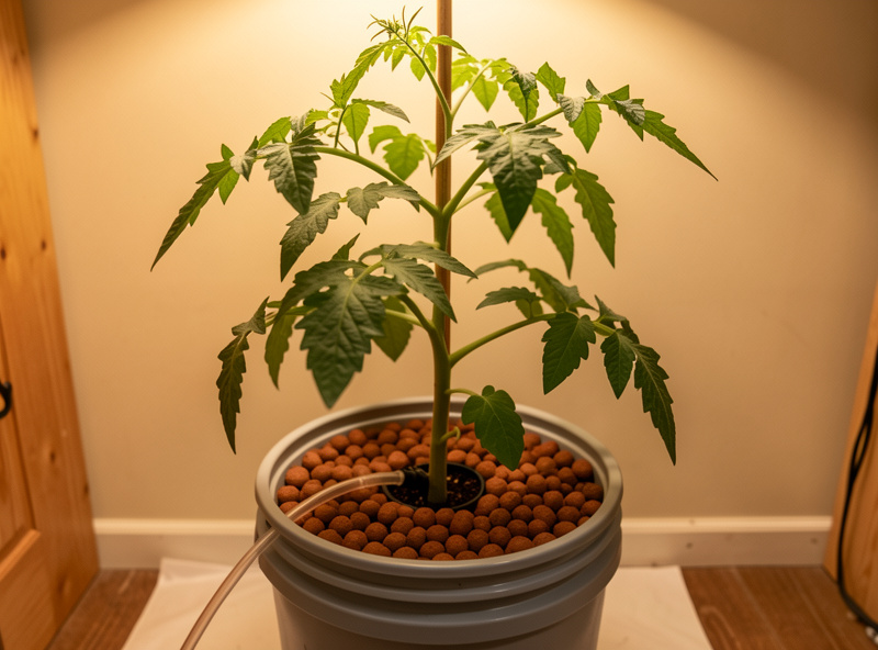 A five-gallon bucket hydroponic system growing a large staked tomato plant with a net-pot lid of clay pebbles