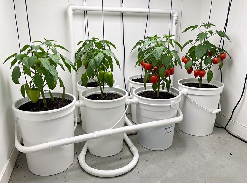 Several five-gallon hydroponic buckets connected with PVC pipe into a shared reservoir in a recirculating system
