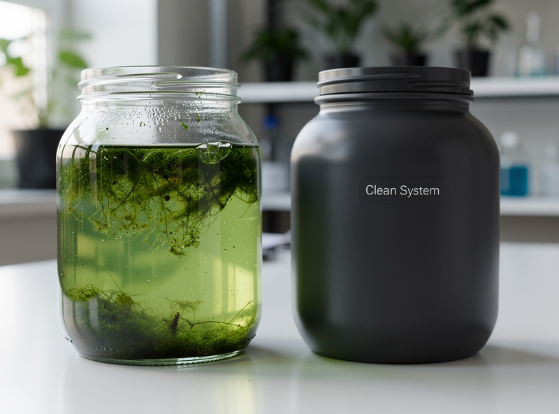 Comparison of a clear hydroponic jar with green algae and a sealed opaque reservoir with clean clear water