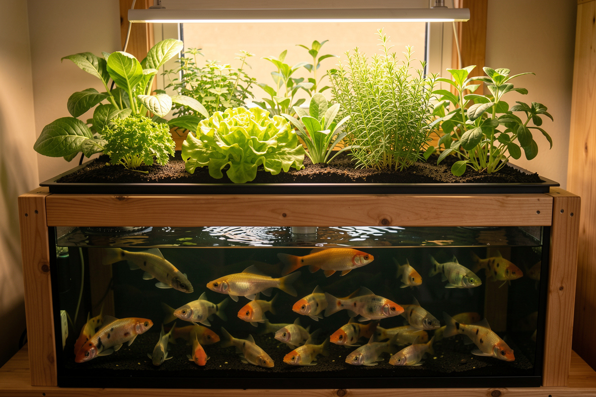 Balanced aquaponics system with fish below and a grow bed of greens above
