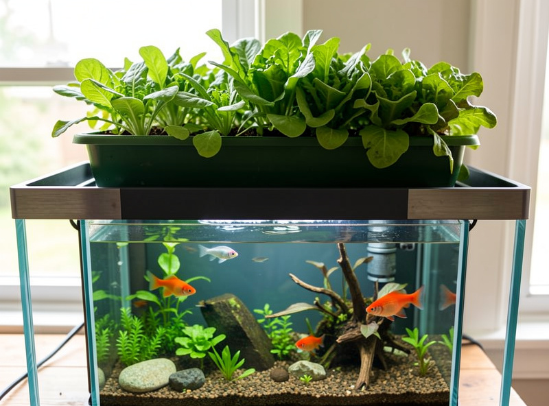 Aquaponics grow bed of lettuce balanced above a fish tank, showing the plant-to-fish relationship