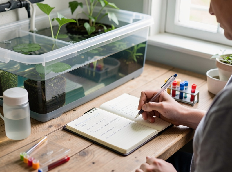 Grower recording aquaponics nitrate test results in a log to balance fish and plants