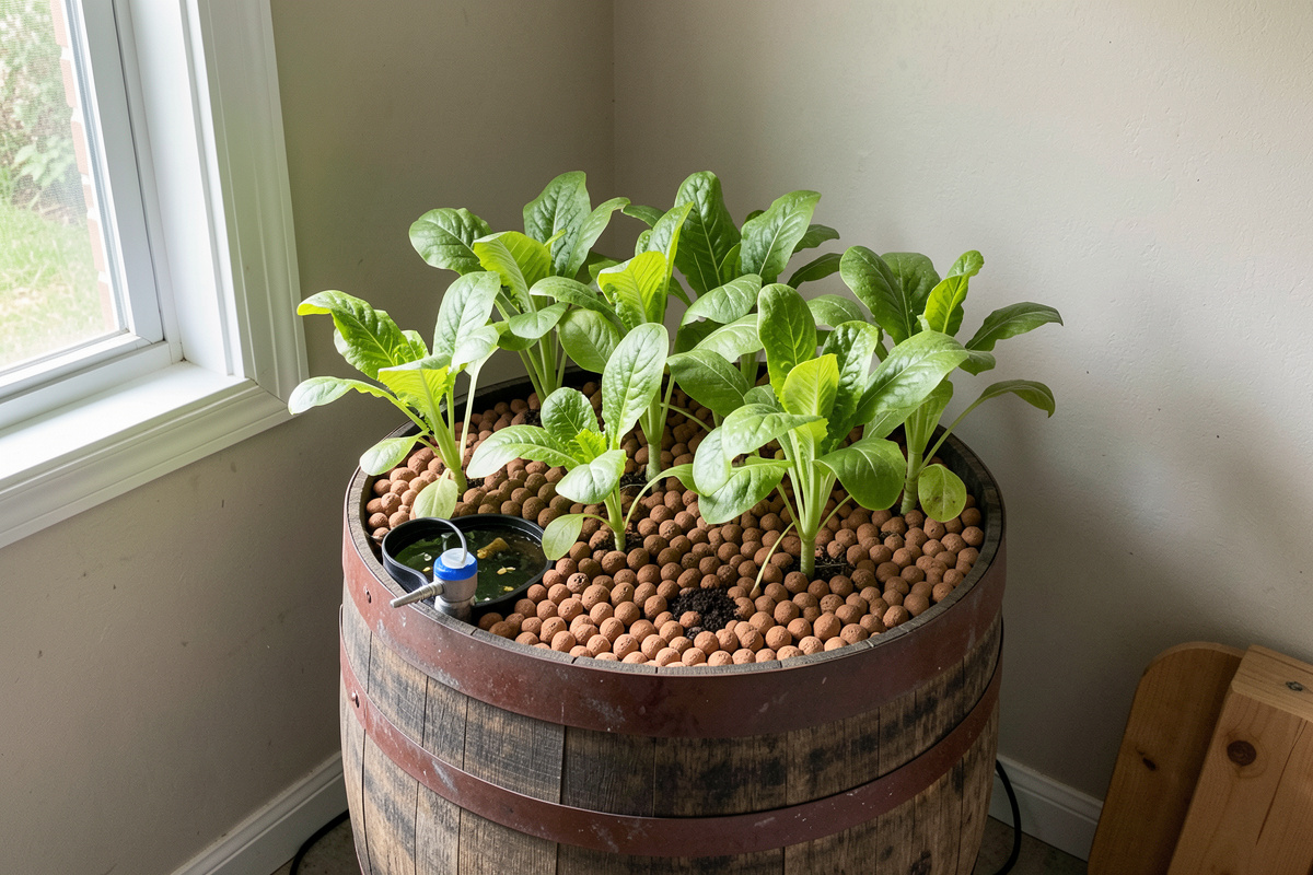 Beginner home aquaponics system with a fish tank and a clay-pebble grow bed of lettuce