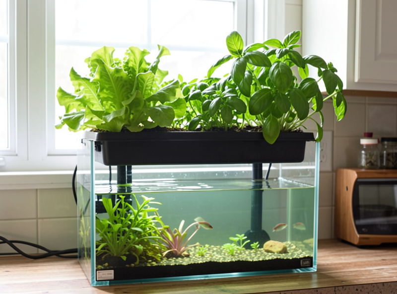 Beginner home aquaponics setup growing lettuce and herbs above a small fish tank
