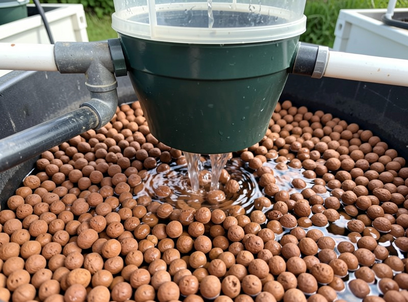 Aquaponics media bed with a bell siphon draining clay pebbles above a fish tank