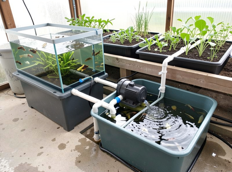 Aquaponics system layout with fish tank, sump tank, pump and grow beds plumbed together