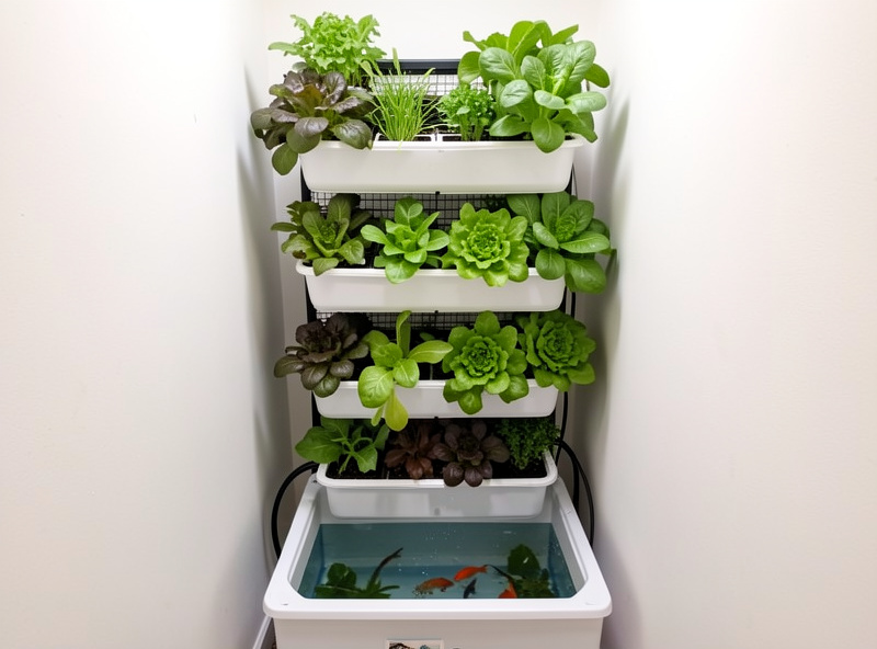 Vertical aquaponics tower growing leafy greens above a compact fish tank in a small room