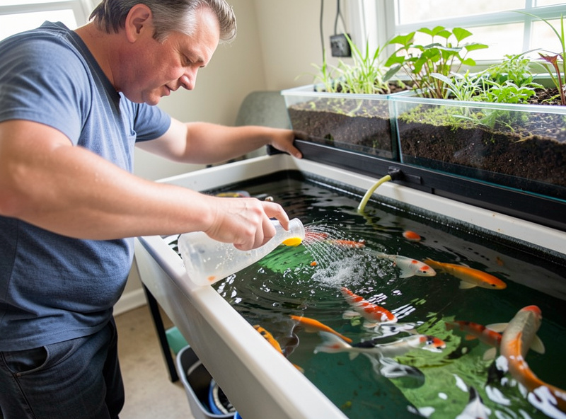 Daily aquaponics check, feeding fish and observing the tank and grow bed