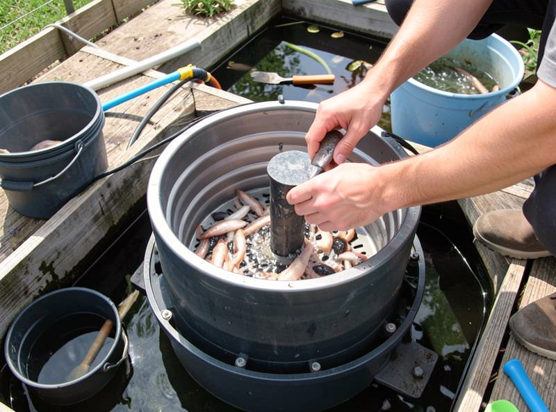 Cleaning the mechanical solids filter of an aquaponics system during weekly maintenance