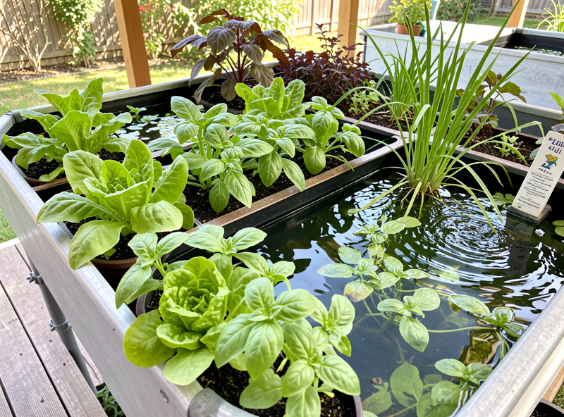 Healthy mature aquaponics system with thriving plants and clear water after good maintenance
