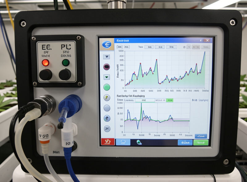 Hydroponic control panel with EC and pH sensors, dosing pumps and a monitoring screen