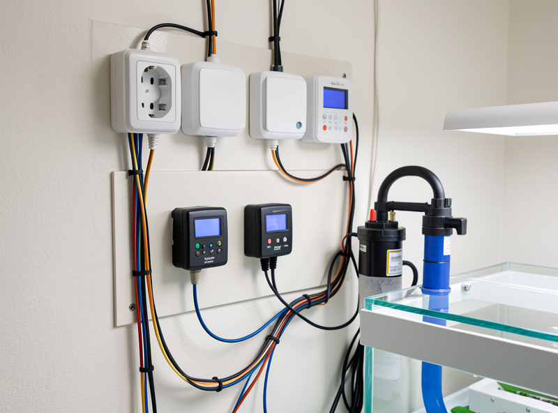 Smart plugs and timers controlling grow lights and water pumps on a hydroponic system