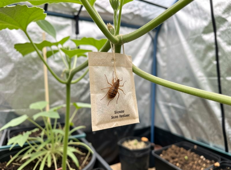 Predatory mite sachet hanging on a hydroponic plant stem in an indoor grow tent