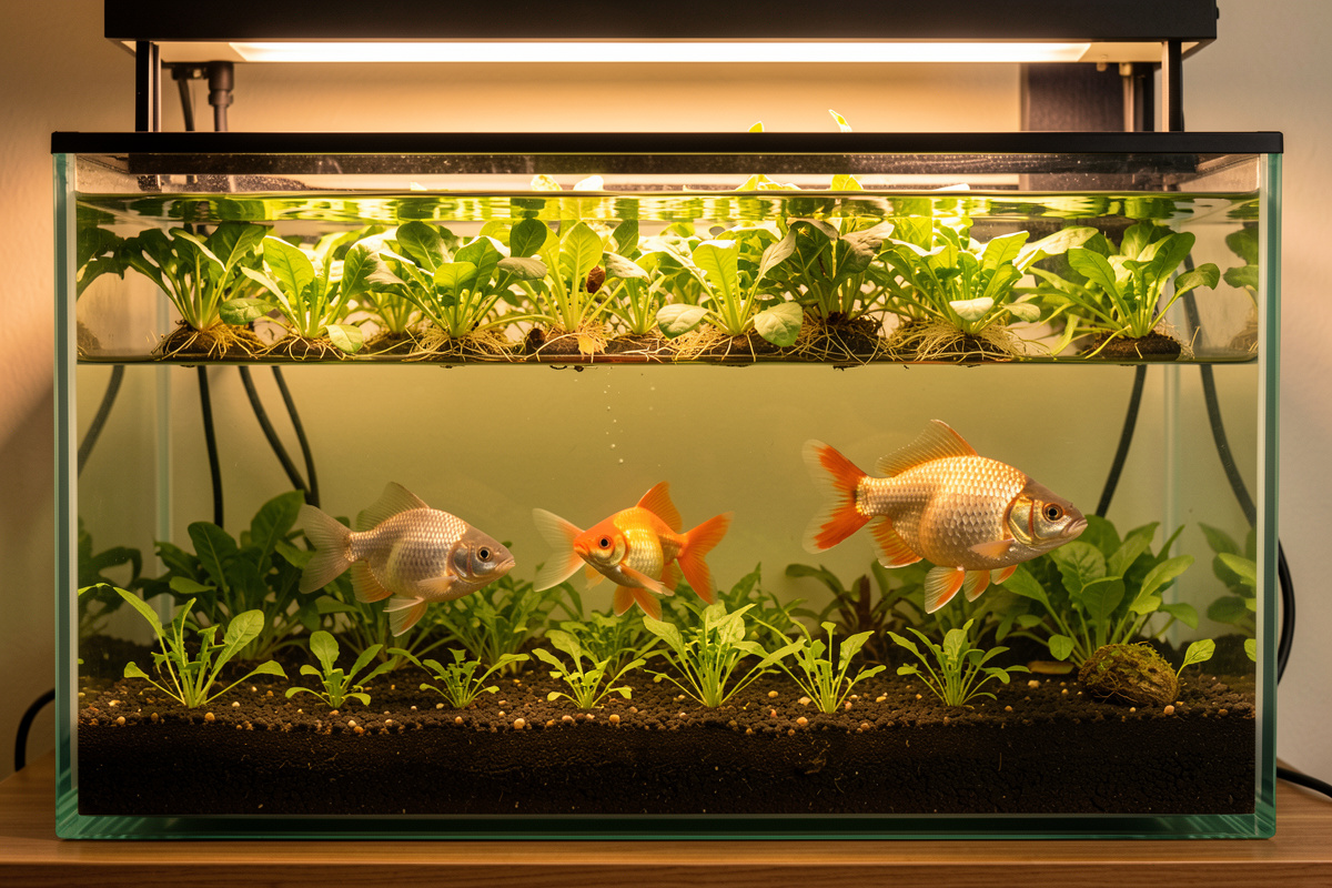 Tilapia and goldfish in a home aquaponics tank below a grow bed of greens