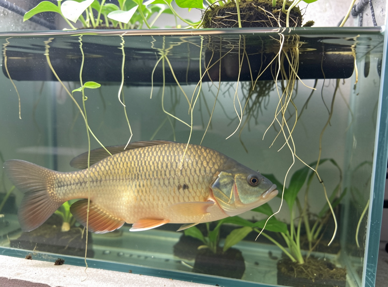 Tilapia swimming in an aquaponics fish tank with a grow bed visible above