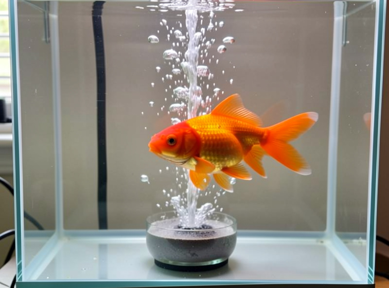 Goldfish in a clear aquaponics tank with an air stone producing bubbles for oxygen