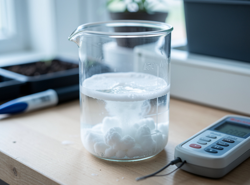 Clear beaker of hydroponic nutrient solution showing white calcium sulfate precipitate cloudiness next to a calibrated EC meter and pH pen