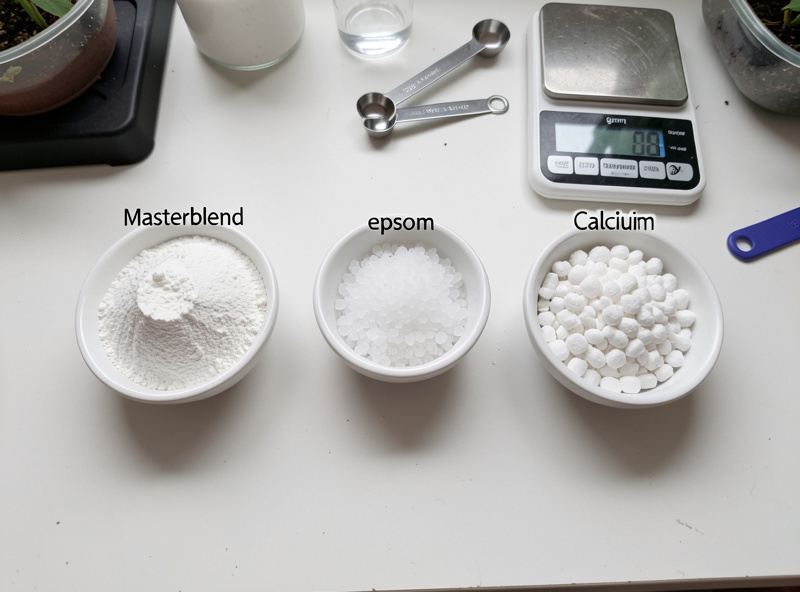 Three labeled bowls of dry hydroponic salts — Masterblend powder, epsom salt, and caked calcium nitrate prills — with a digital gram scale and measuring spoons on a workbench