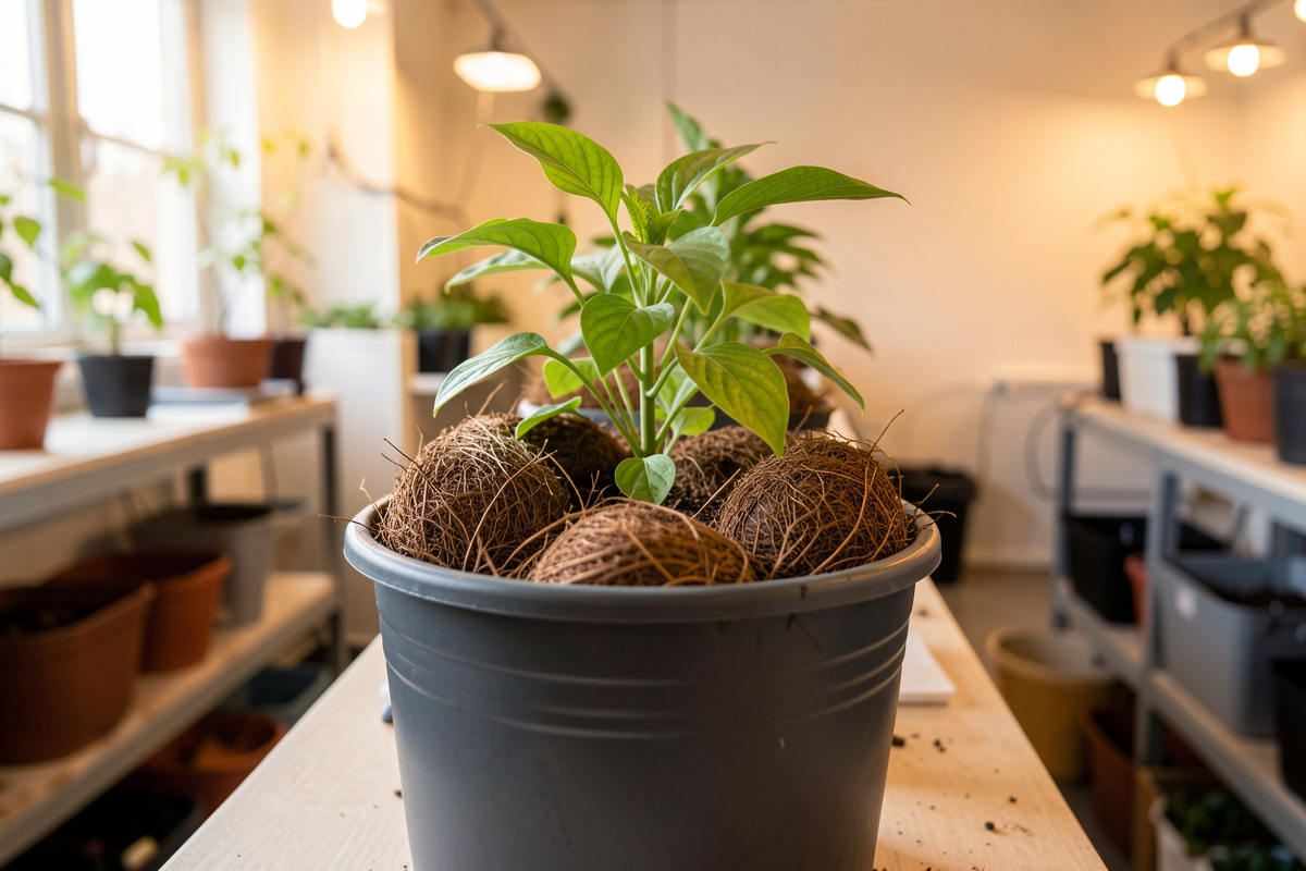 Coco coir filling a hydroponic Dutch bucket with a young leafy plant