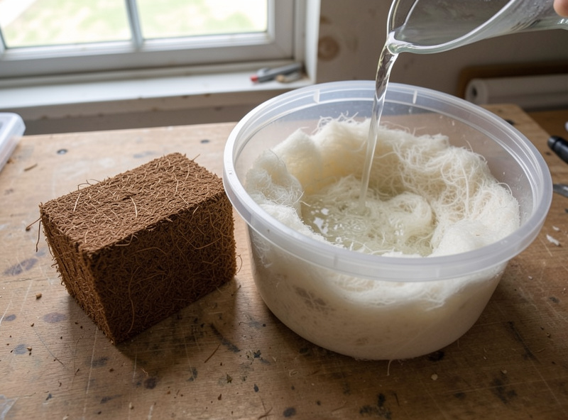 A dry compressed coco coir brick beside a tub of expanded hydrated coir with water being added
