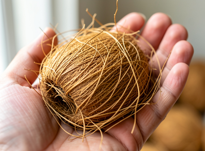 Close-up of fibrous golden-brown coco coir held in an open hand showing its texture