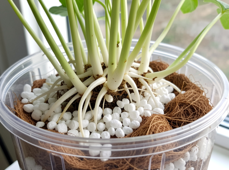 Healthy white roots growing through a moist coco coir and perlite blend in a net pot