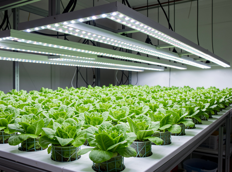 Rows of hydroponic lettuce growing under LED bars in a commercial-style indoor grow room