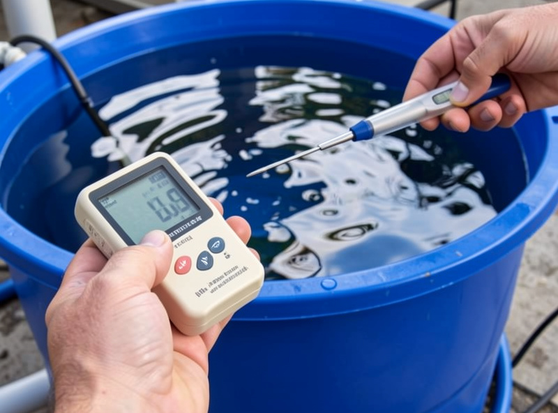 Grower checking EC and pH meters beside a large recirculating hydroponic reservoir