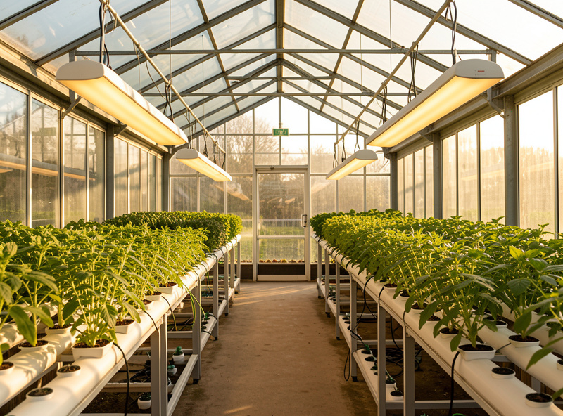 Small commercial greenhouse with rows of hydroponic crops and overhead supplemental grow lights