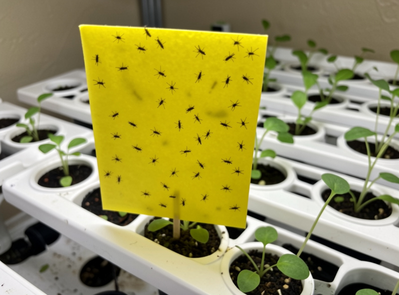 Yellow sticky trap covered in trapped fungus gnats standing in a hydroponic propagation tray
