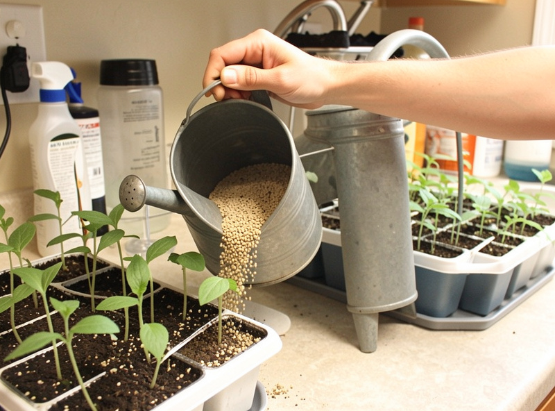 Hand pouring BTI mosquito bits granules into a watering can next to hydroponic seedling trays