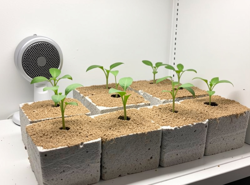 Healthy hydroponic seedlings in rockwool cubes with a dry surface layer and a sticky trap nearby
