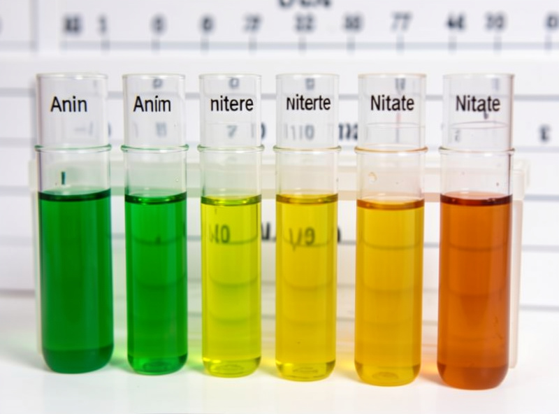 Aquaponics water test tubes showing the ammonia, nitrite and nitrate readings tracked during cycling