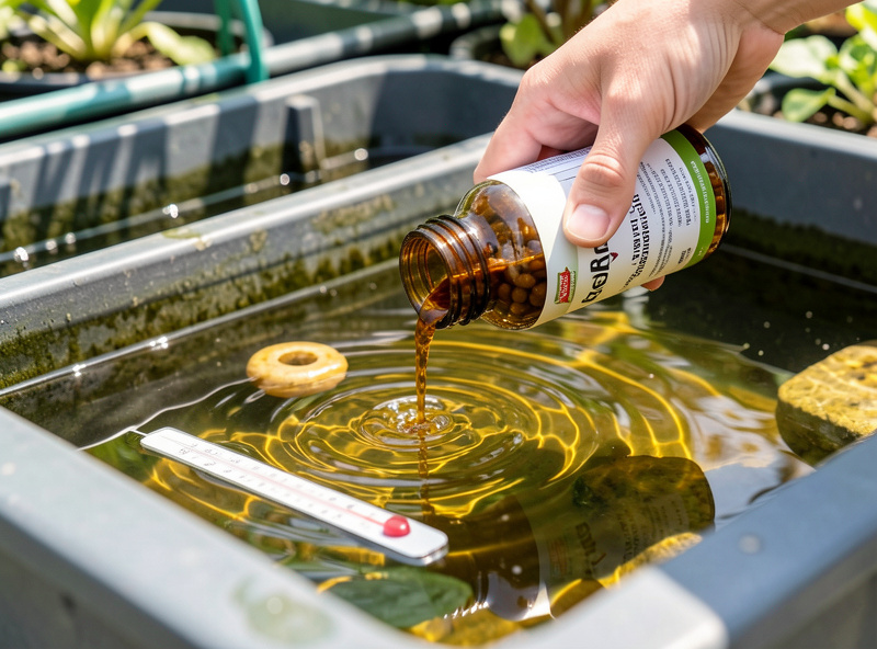 Adding bottled nitrifying bacteria and a thermometer to an aquaponics tank to speed cycling
