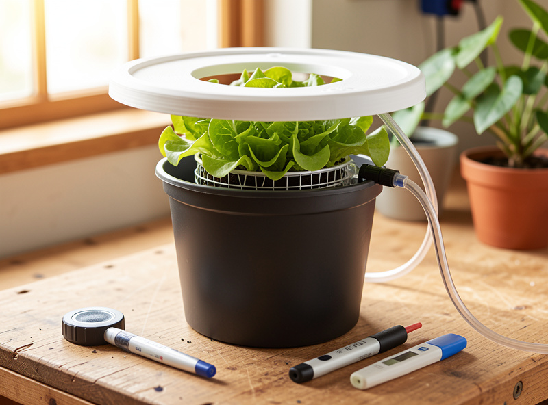A DIY deep water culture bucket with a 3D-printed lid, net pot of lettuce, and air line, with EC and pH pens beside it
