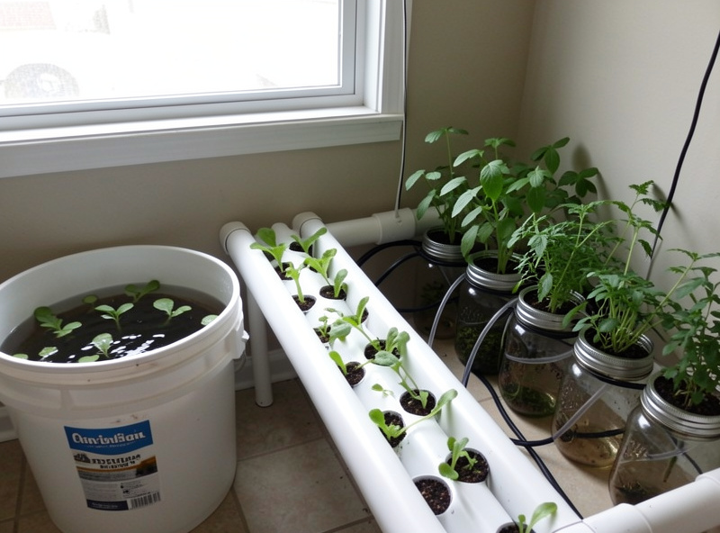 Several homemade hydroponic systems lined up side by side: a bucket DWC, a PVC NFT channel, and a row of mason jars
