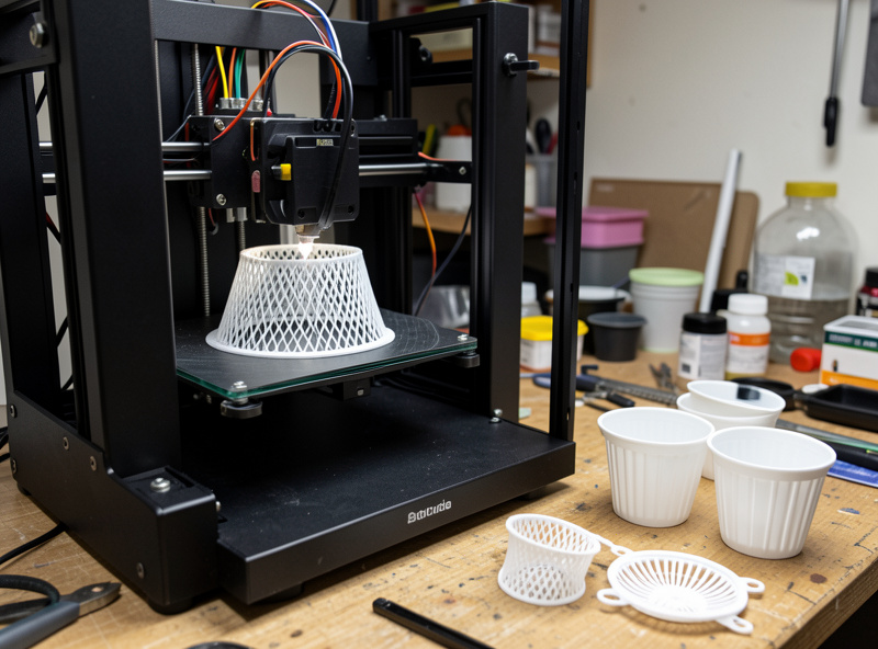 A 3D printer producing a white net-pot collar with finished printed hydroponic parts on the workshop bench