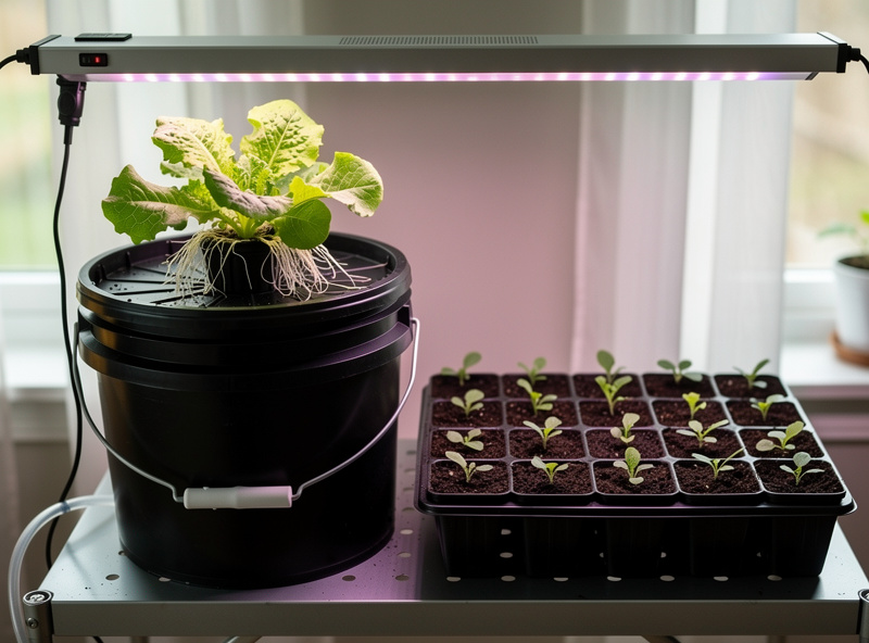 Side-by-side hydroponic DWC lettuce bucket and soil seed starting tray under the same LED panel