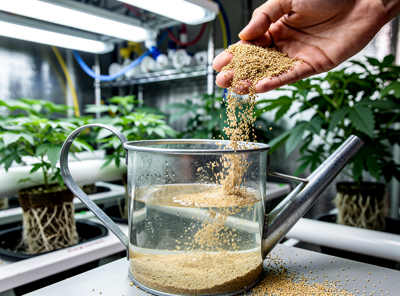 Mosquito bits with BTI being steeped in a watering can next to hydroponic plants for fungus gnat larvae control