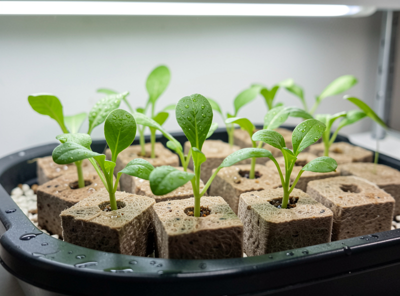 Young lettuce seedlings in rockwool cubes showing first true leaves in a propagation tray