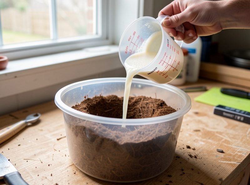 Calcium-magnesium solution being poured into a tub of expanding coco coir