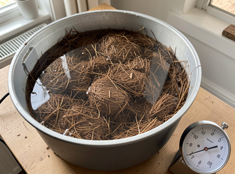 A tub of coco coir soaking in a calcium-magnesium solution with a timer beside it