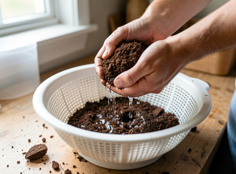 Hands squeezing excess water from buffered coco coir over a draining colander