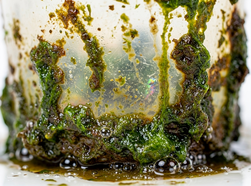 Slimy biofilm and algae coating the inside wall of a neglected hydroponic reservoir