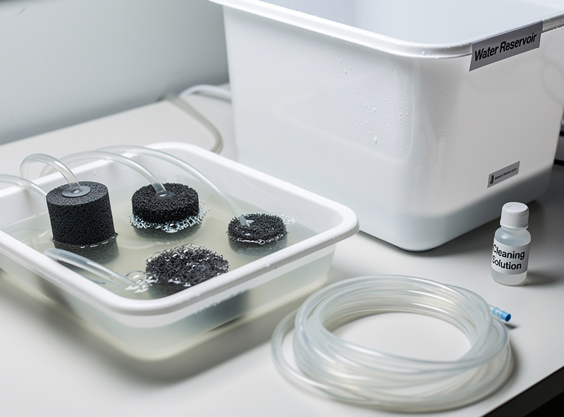 Clean air stones and tubing soaking in diluted cleaning solution beside a freshly scrubbed reservoir interior