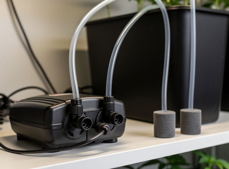 Dual-outlet aquarium air pump connected to two air stones beside a black hydroponic reservoir