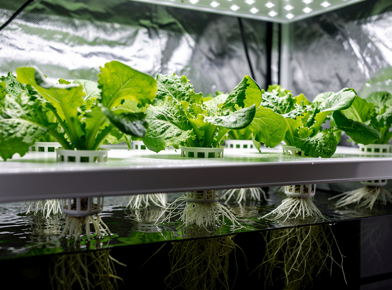 Lettuce growing from net pots in a deep water culture reservoir lid with white roots in dark water below