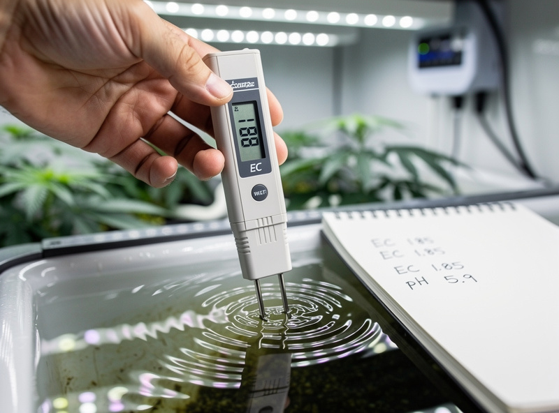 Hand holding a digital EC TDS pen over a hydroponic reservoir with a logbook of readings beside the tank